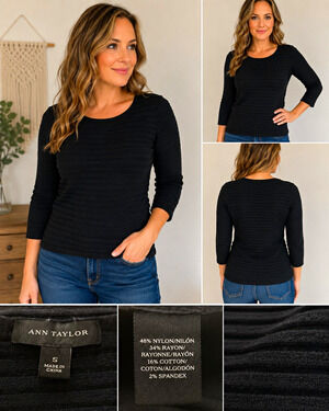 Ann Taylor Women’s Small Black Ribbed Knit Sweater 3/4 Sleeve Stretch Pullover